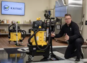 man kneeling gesturing towards a kaivac machine, he seems to be explaining it.